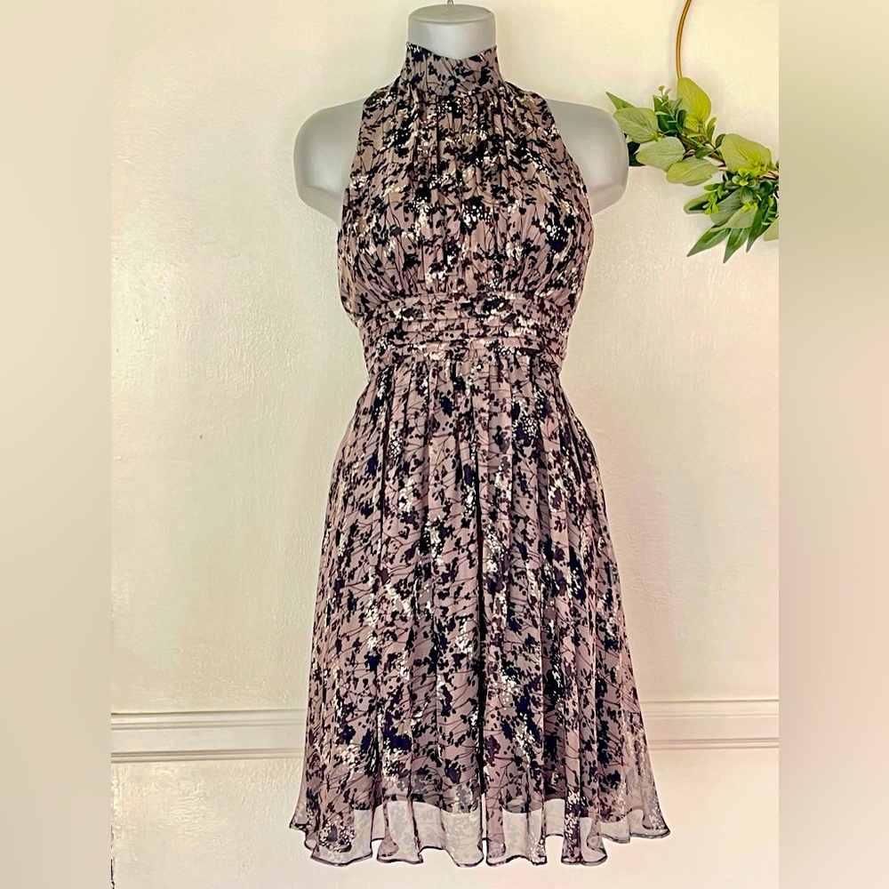 Zara Silk High Neck Gray Floral Dress Sz M